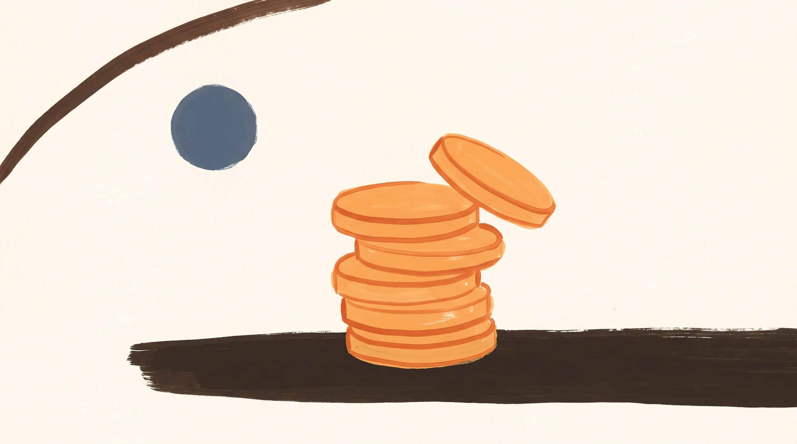 Unpredictable Hits newsletter issue 7 cover: hand-painted stack of orange coins with one tipping off