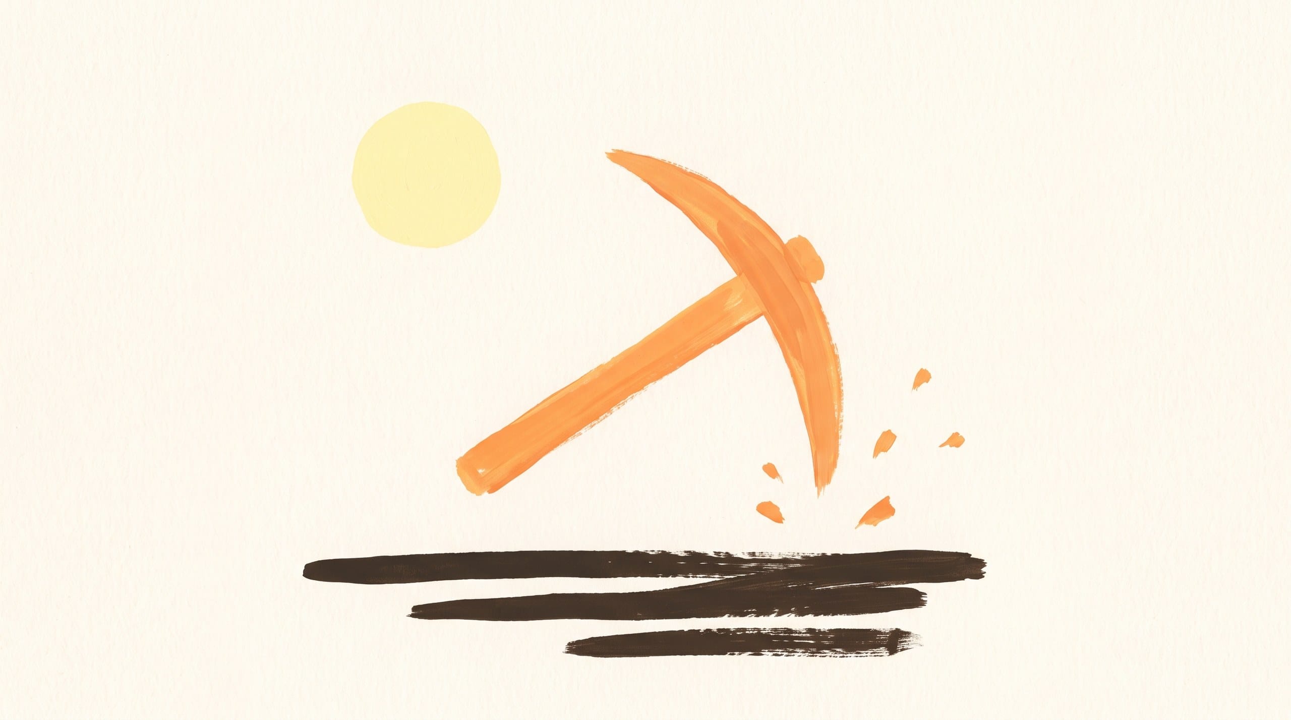 Unpredictable Hits newsletter issue 8 cover: hand-painted orange pickaxe striking dark ground strokes