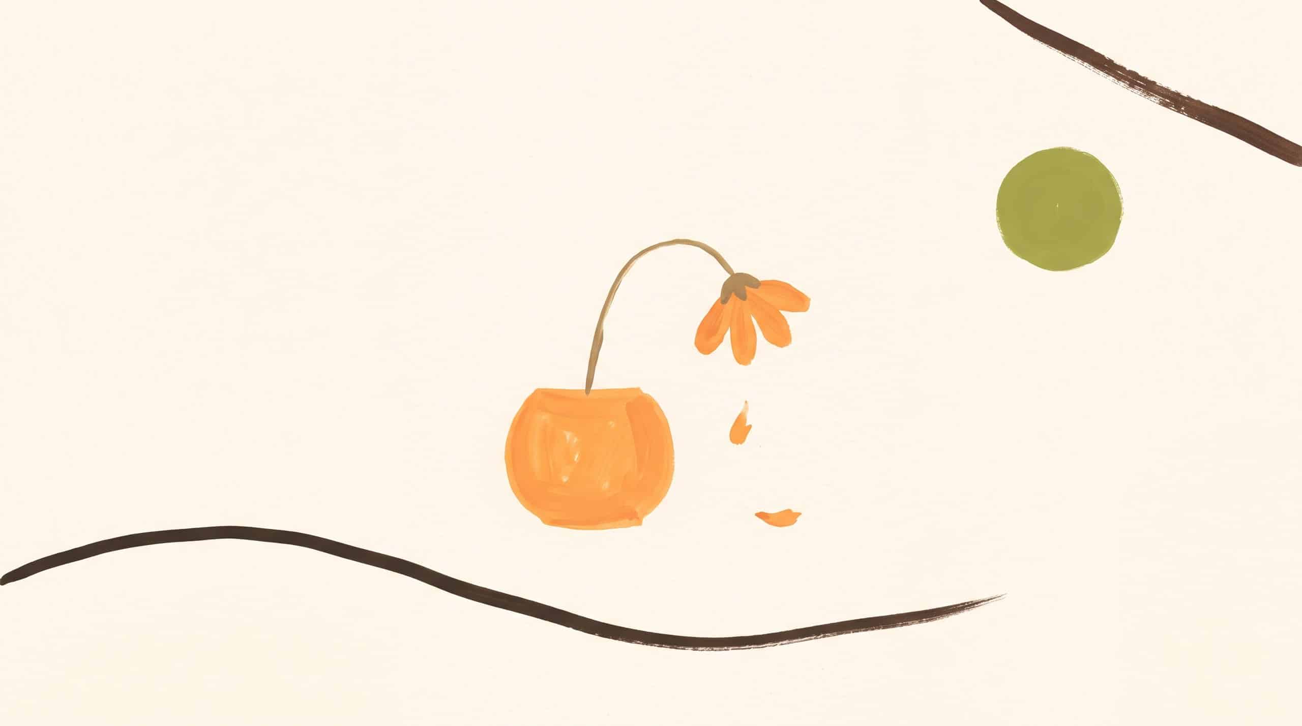 Unpredictable Hits newsletter issue 9 cover: hand-painted wilting orange flower in a pot with falling petals