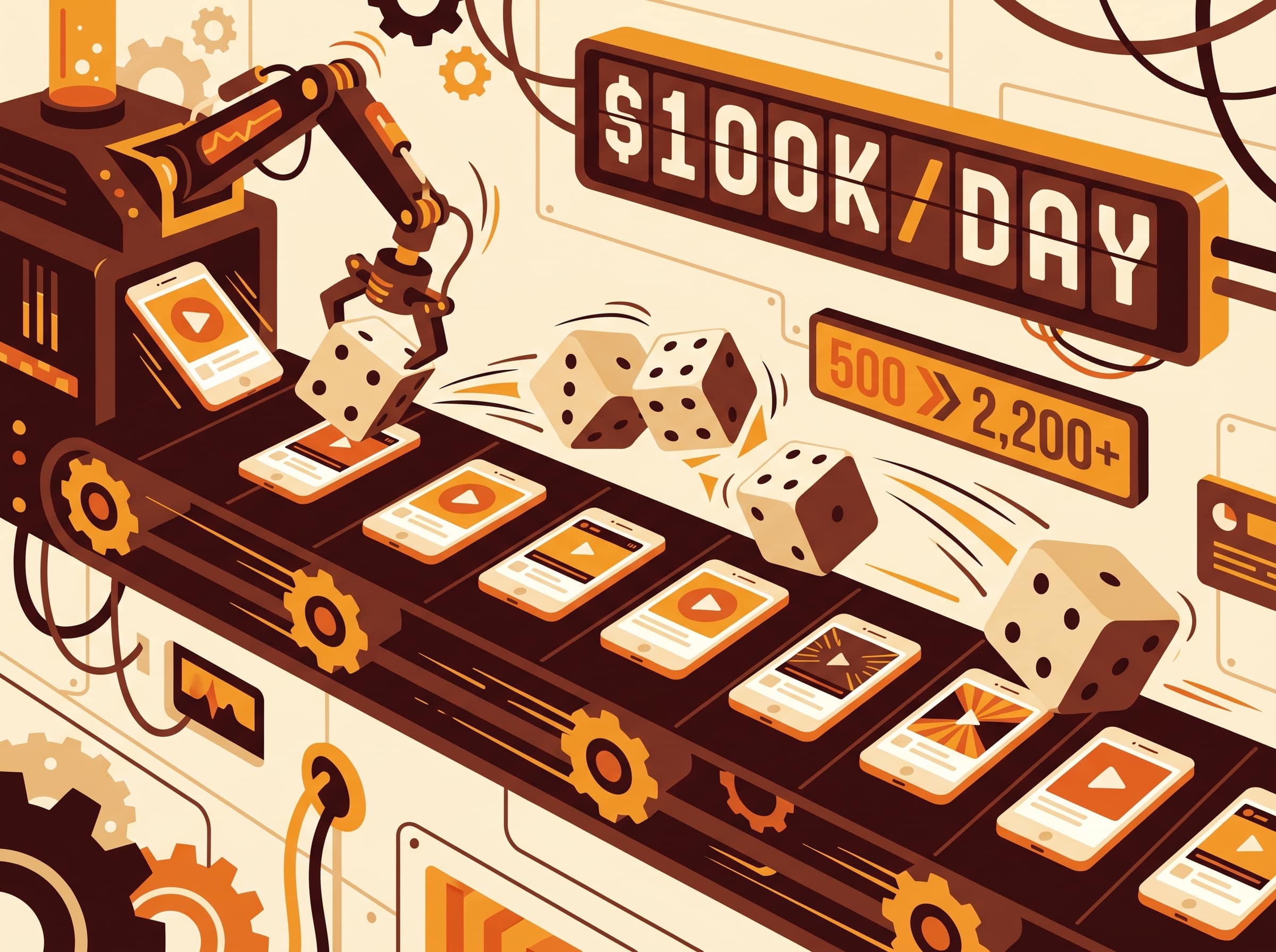 Illustration of a slot-machine mechanic earning '$100K/Day'