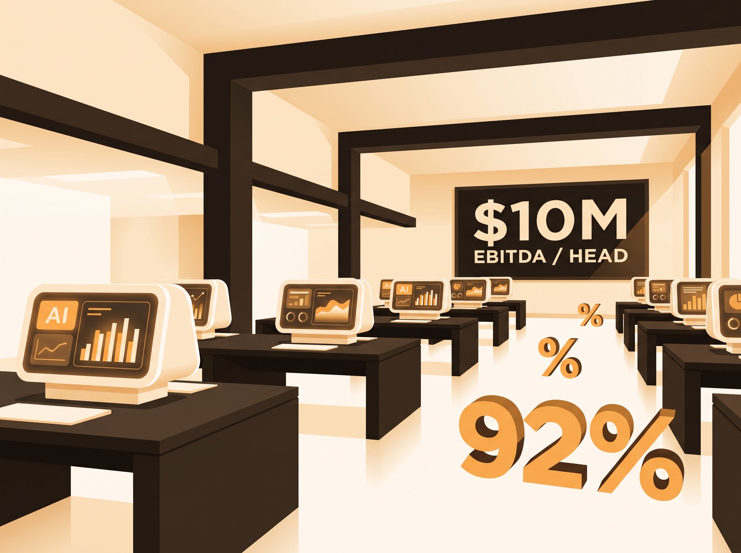 Illustration of an office with '$10M EBITDA/Head, 92%' stats