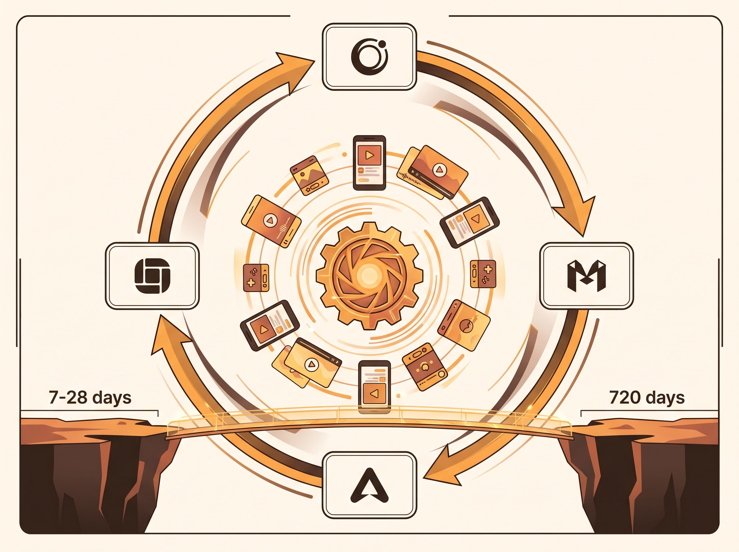 Circular diagram of a UA system timeline from 7 to 720 days