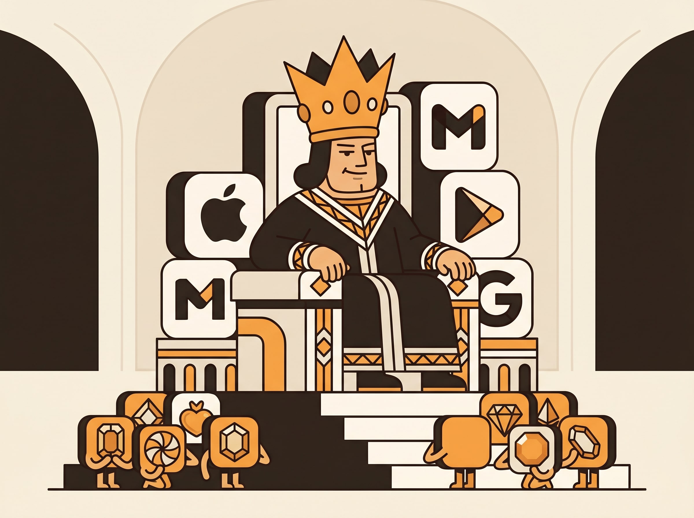 Illustration of a king on a throne surrounded by app store icons