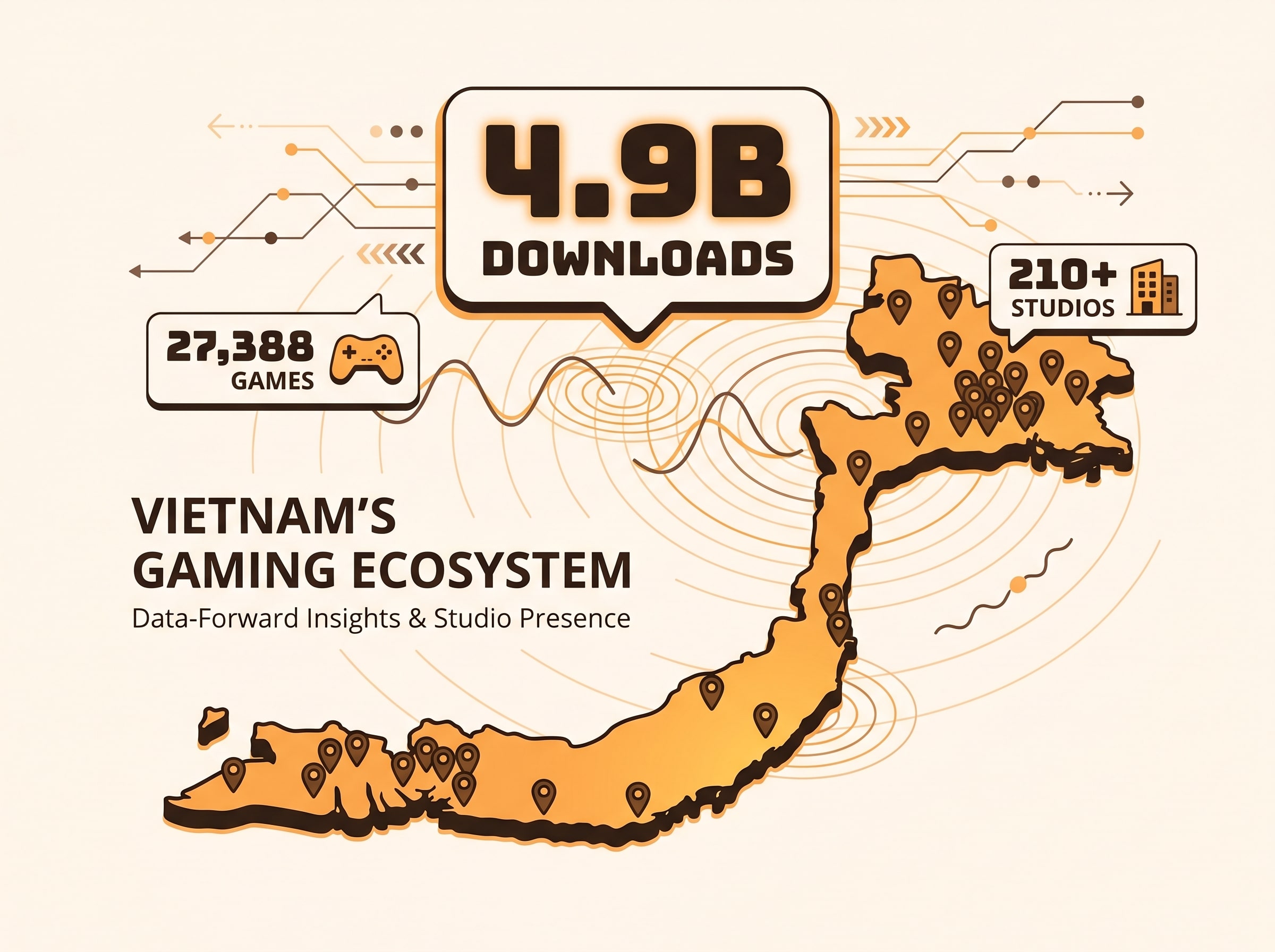 Map illustration titled 'Vietnam's Gaming Ecosystem' with 4.9B downloads