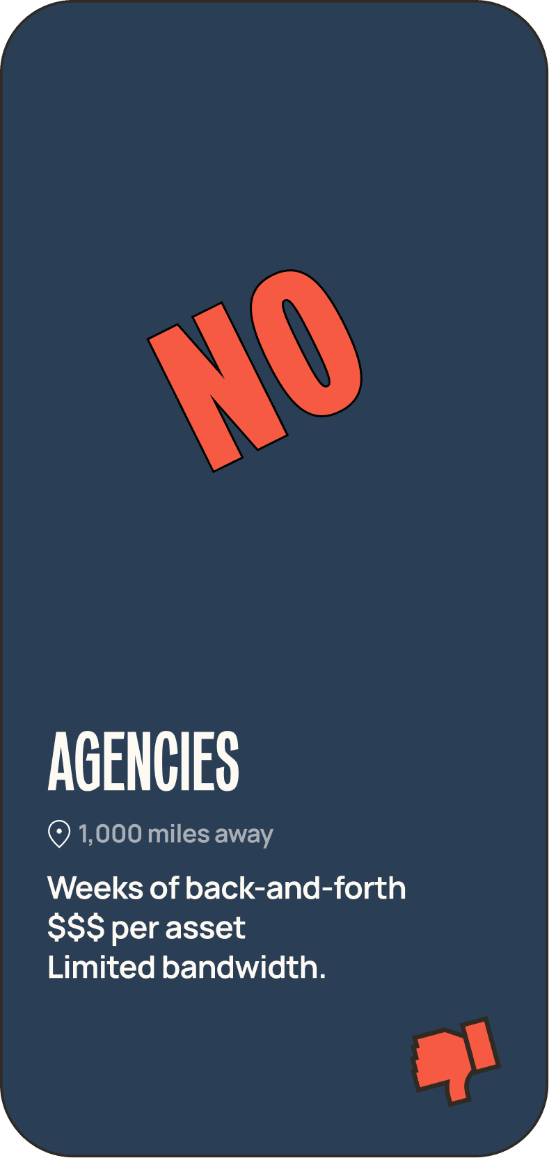 Card graphic reading 'No Agencies' with a thumbs-down icon