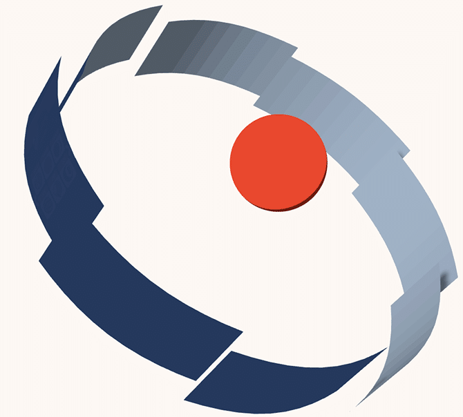 Abstract illustration of a swirling ribbon shape with a red dot