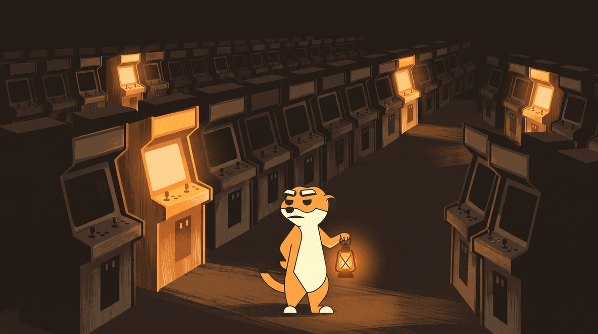 Sett's meerkat mascot Setto standing among glowing arcade cabinets