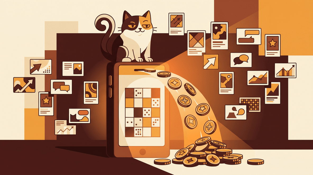 Illustration of a cat with a grid of photo tiles and coins
