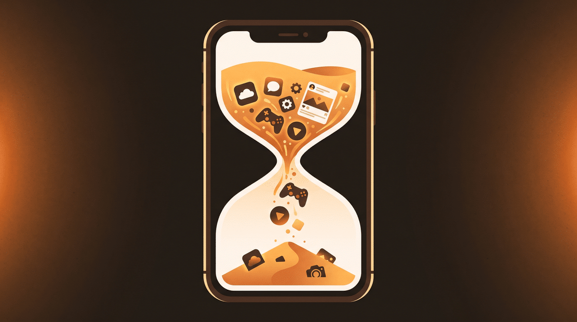 Illustration of an hourglass filled with photo tiles