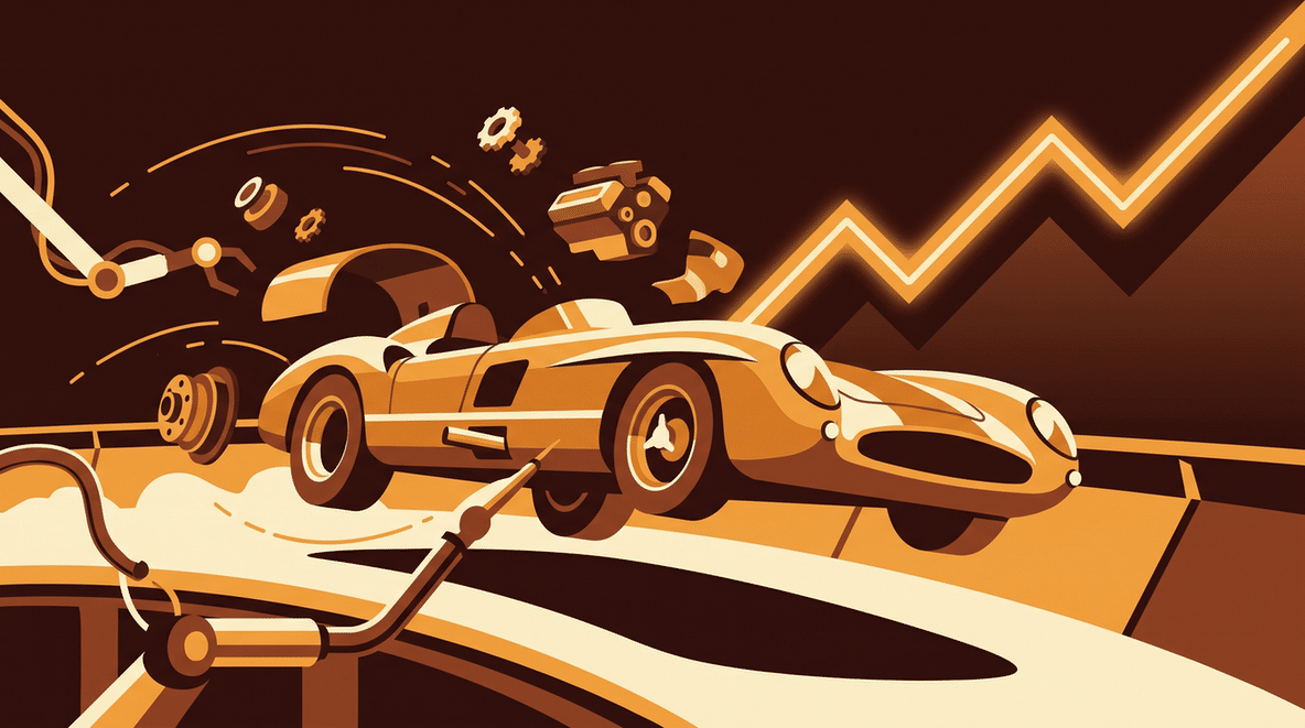 Illustration of racing cars with an upward trend line