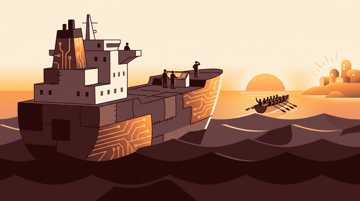 Illustration of a ship sailing across desert dunes