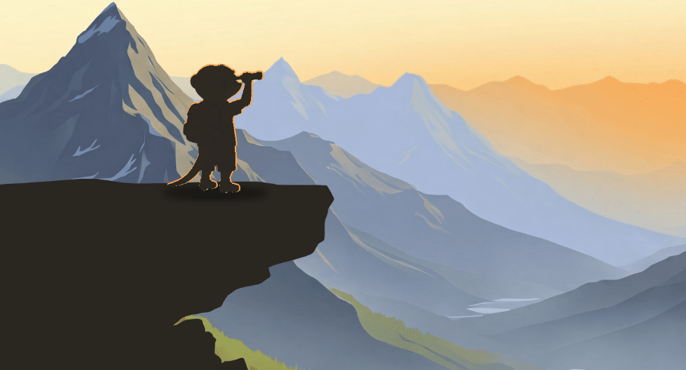 Sett's meerkat mascot Setto silhouetted on a mountain cliff at sunset