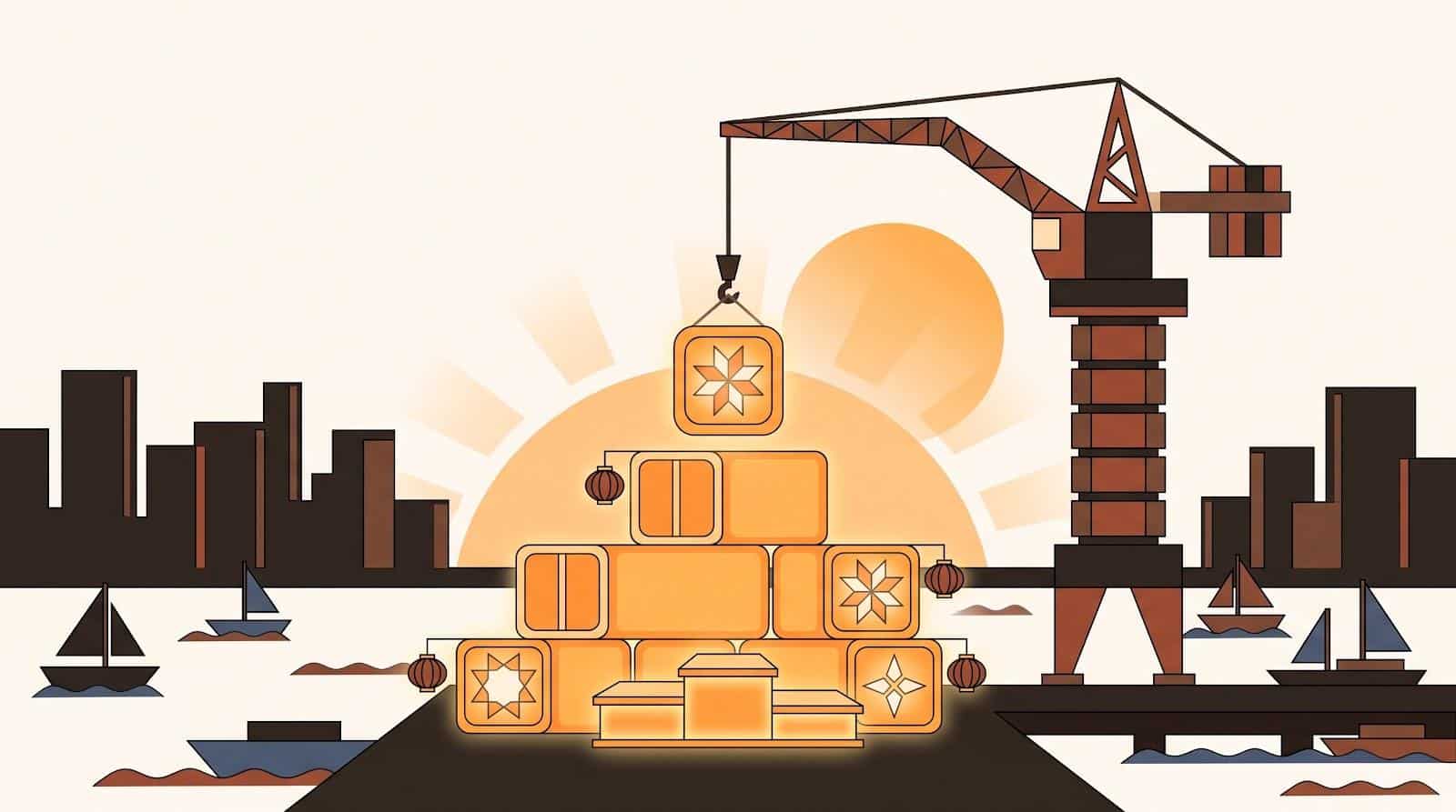 A harbor crane stacking glowing game blocks hung with lanterns into a pyramid as the sun rises behind a skyline