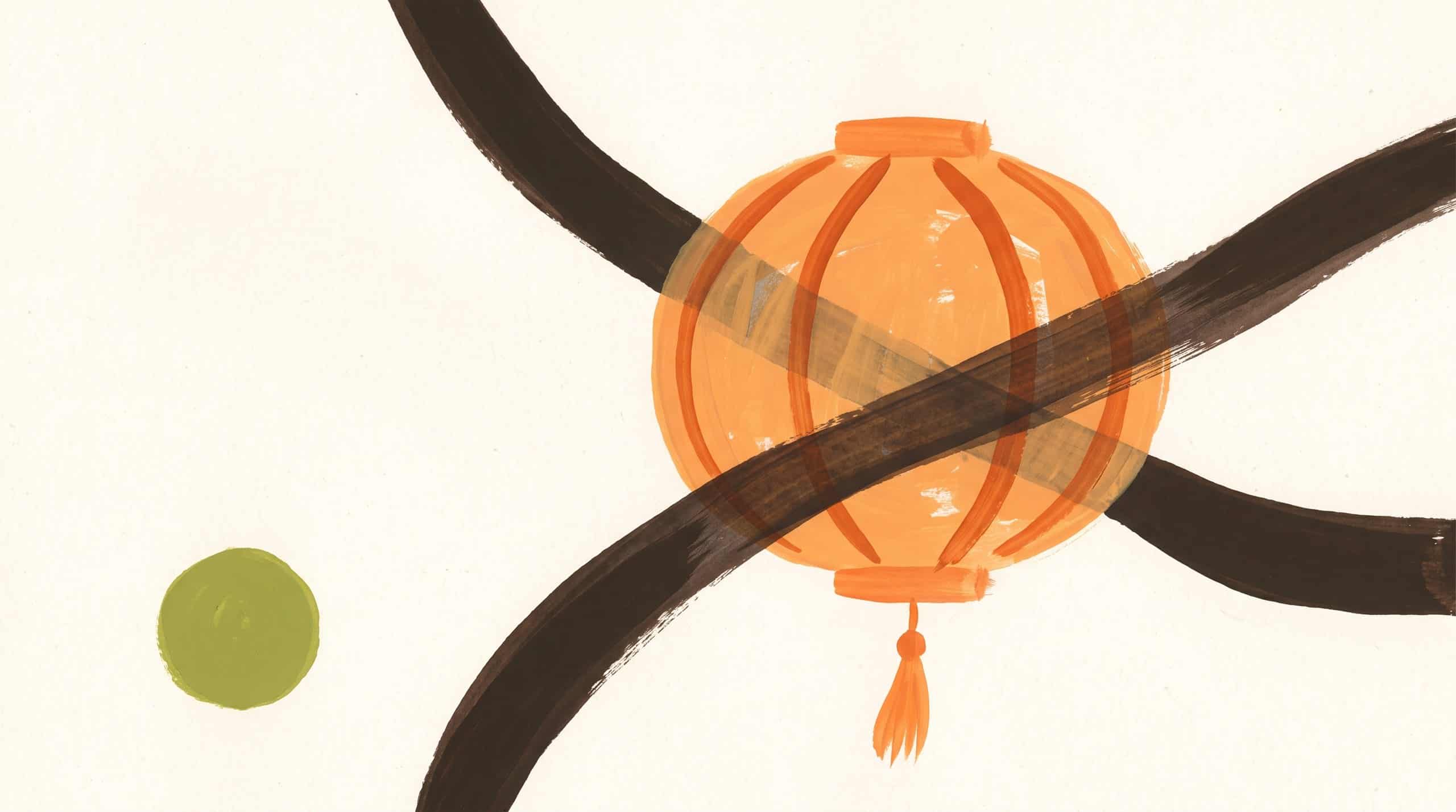 Unpredictable Hits newsletter issue 14 cover: hand-painted orange Chinese paper lantern with dark brushstrokes