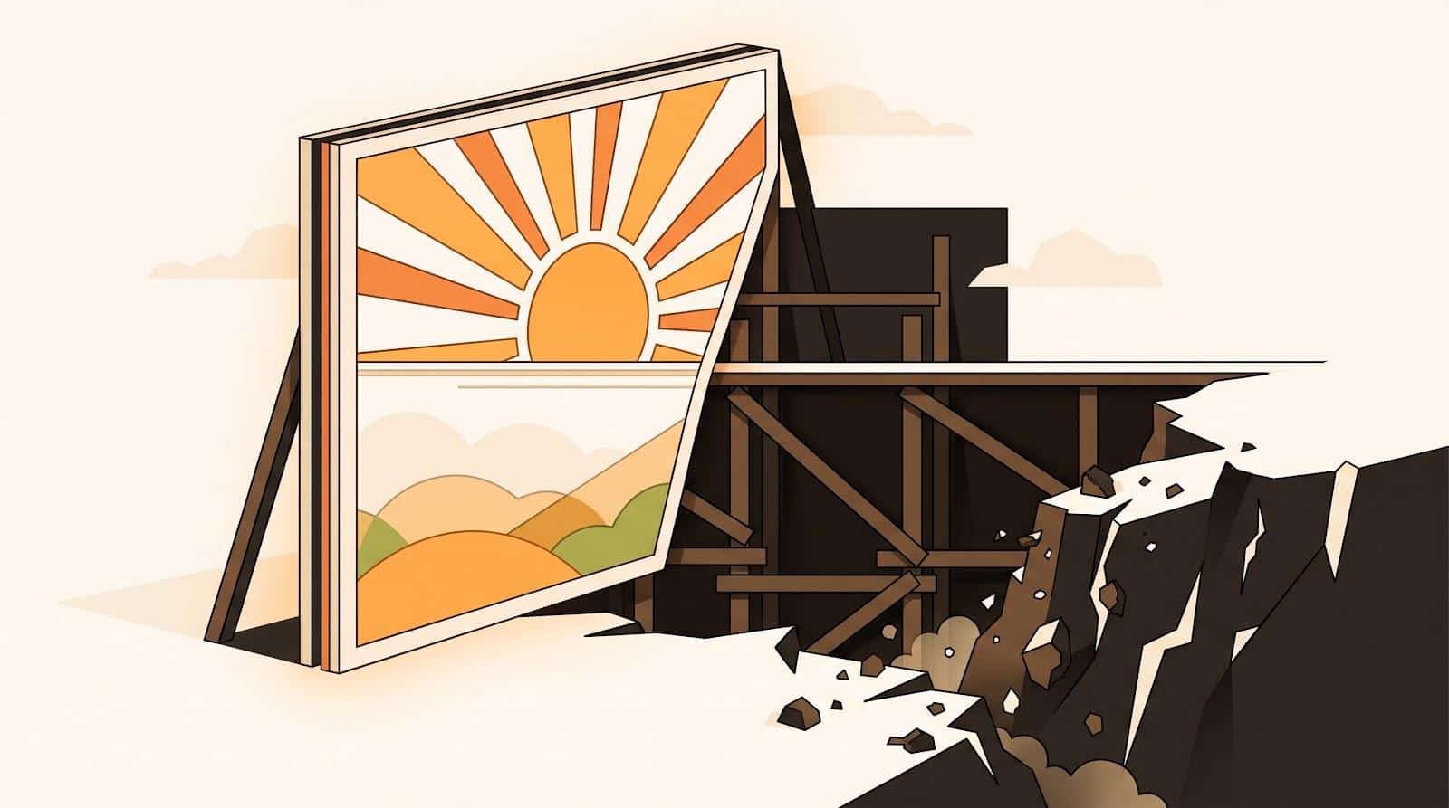A billboard painted with a sunrise propped up by scaffolding while the ground beneath it cracks and crumbles