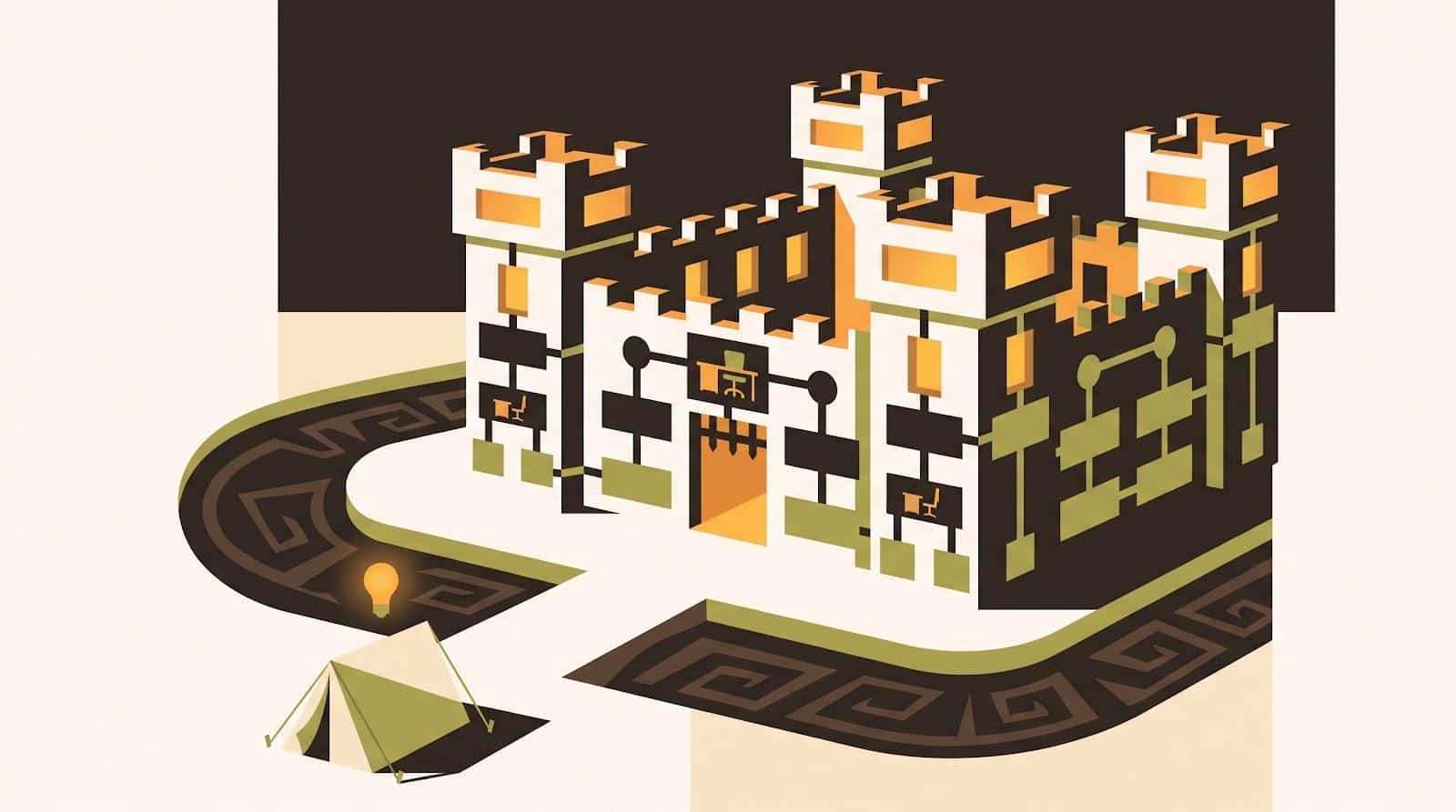 A fortified castle built from org-chart panels with a small tent pitched outside its walls, a single lit lightbulb on the path