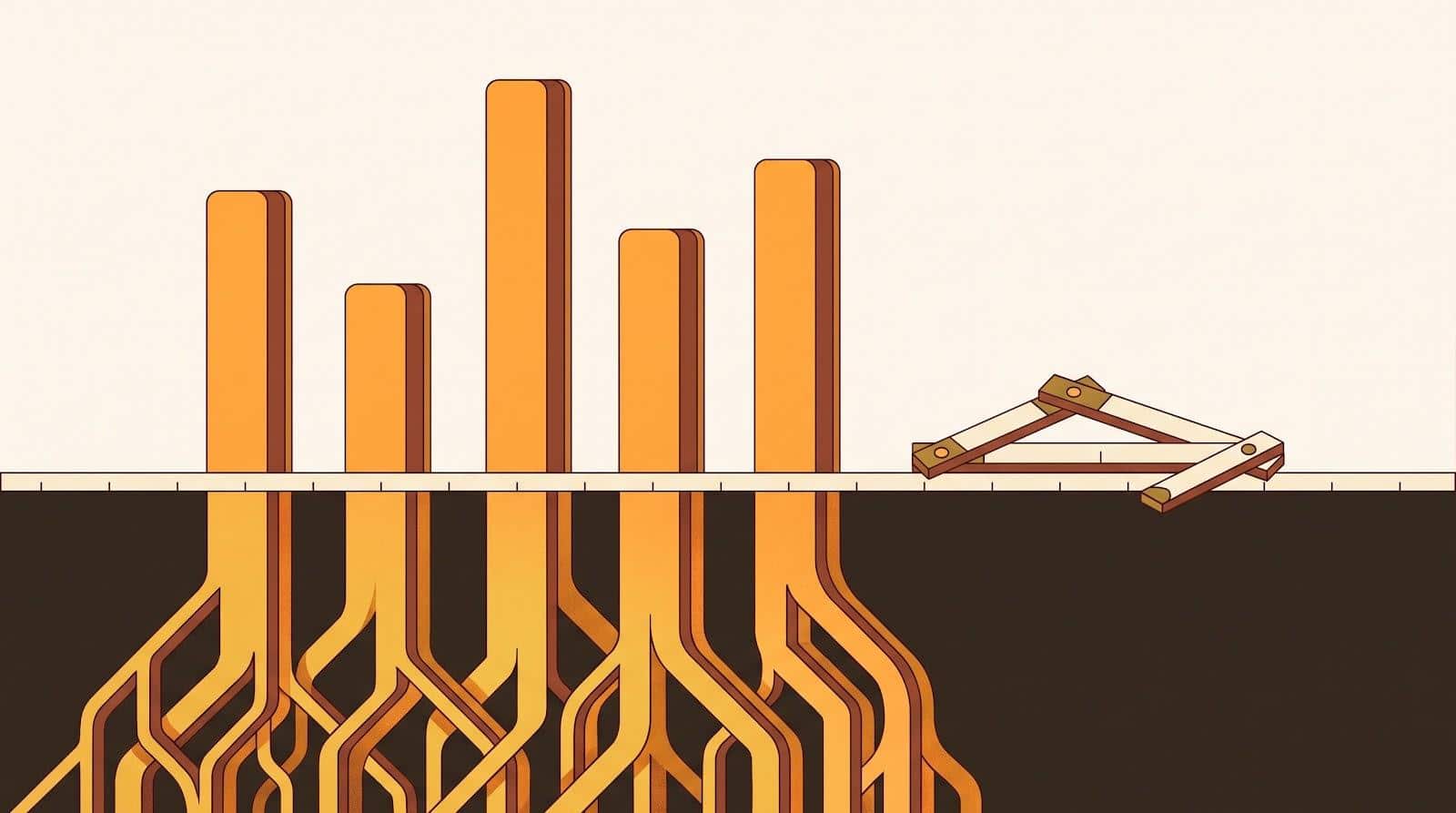 A bar chart whose bars extend below the surface as deep roots, with a folding ruler lying on the baseline