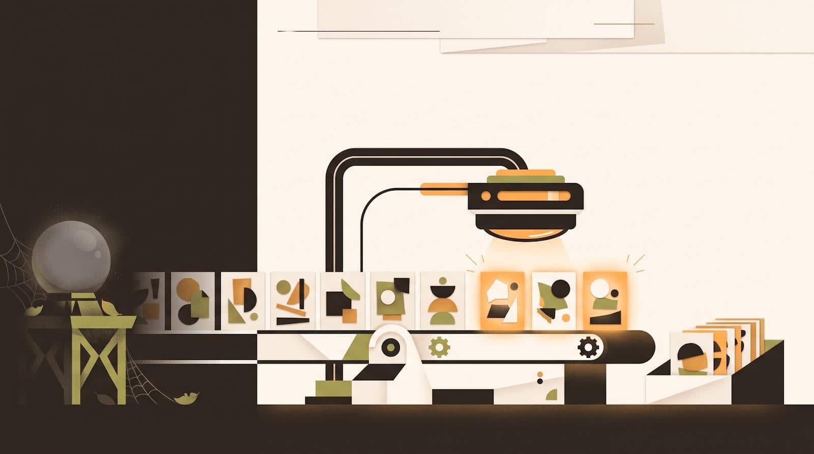 A conveyor belt of creative cards being scanned by a machine while a crystal ball gathers cobwebs off to the side