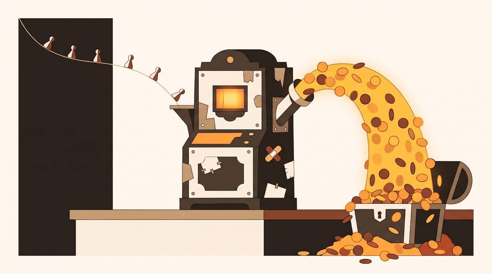 A patched-up old machine pouring an arc of gold coins into an overflowing treasure chest while small figures cross a tightrope toward it
