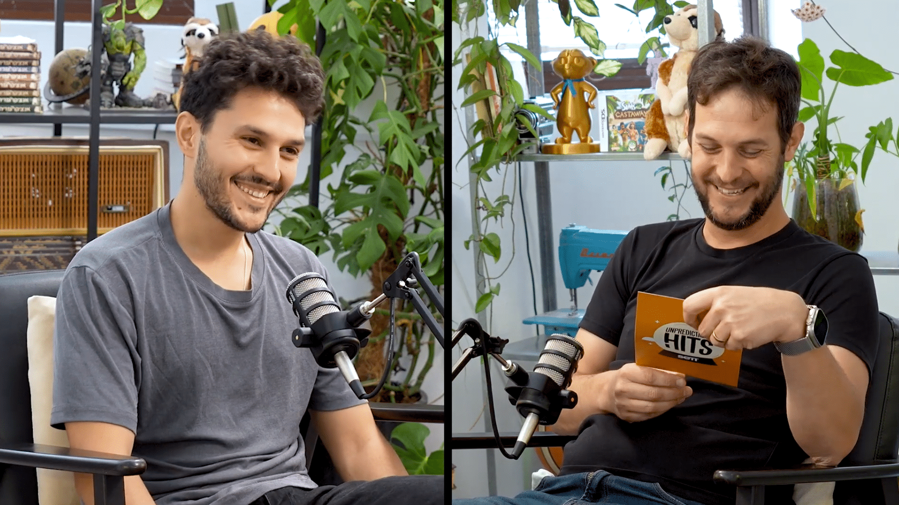 Amit Carmi and Amos Adler recording the Unpredictable Hits podcast in the studio
