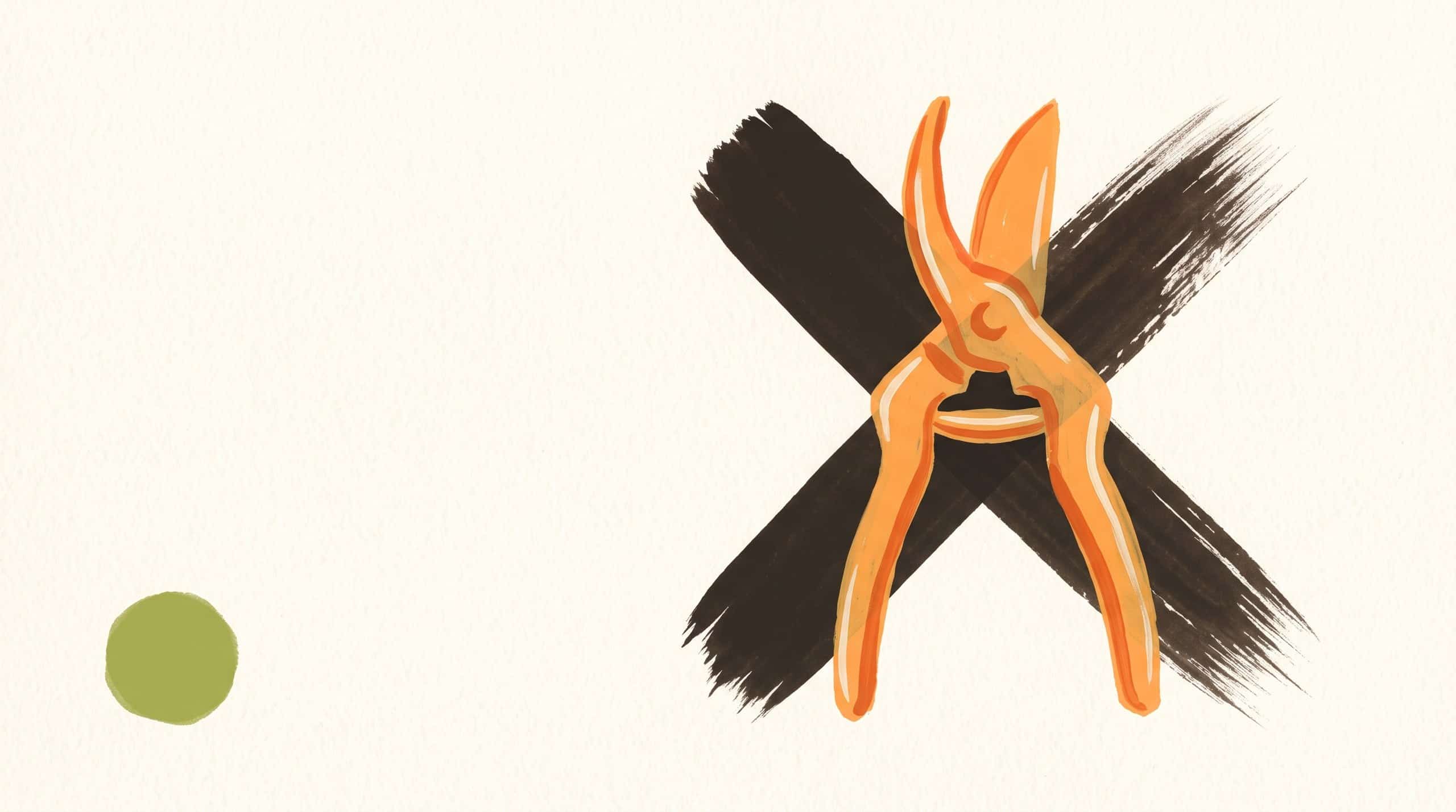 Orange pruning shears over two crossed dark brush strokes, the cover of Unpredictable Hits #016