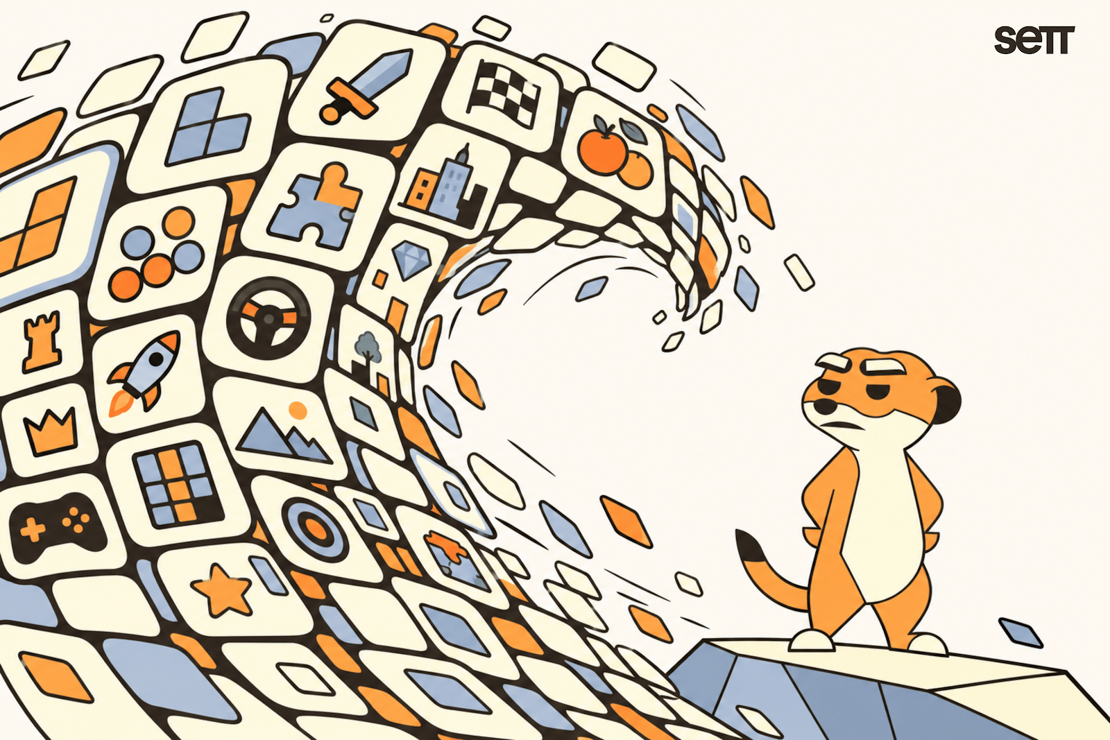 Setto the meerkat stands on a rock facing a huge wave made of game app icons.