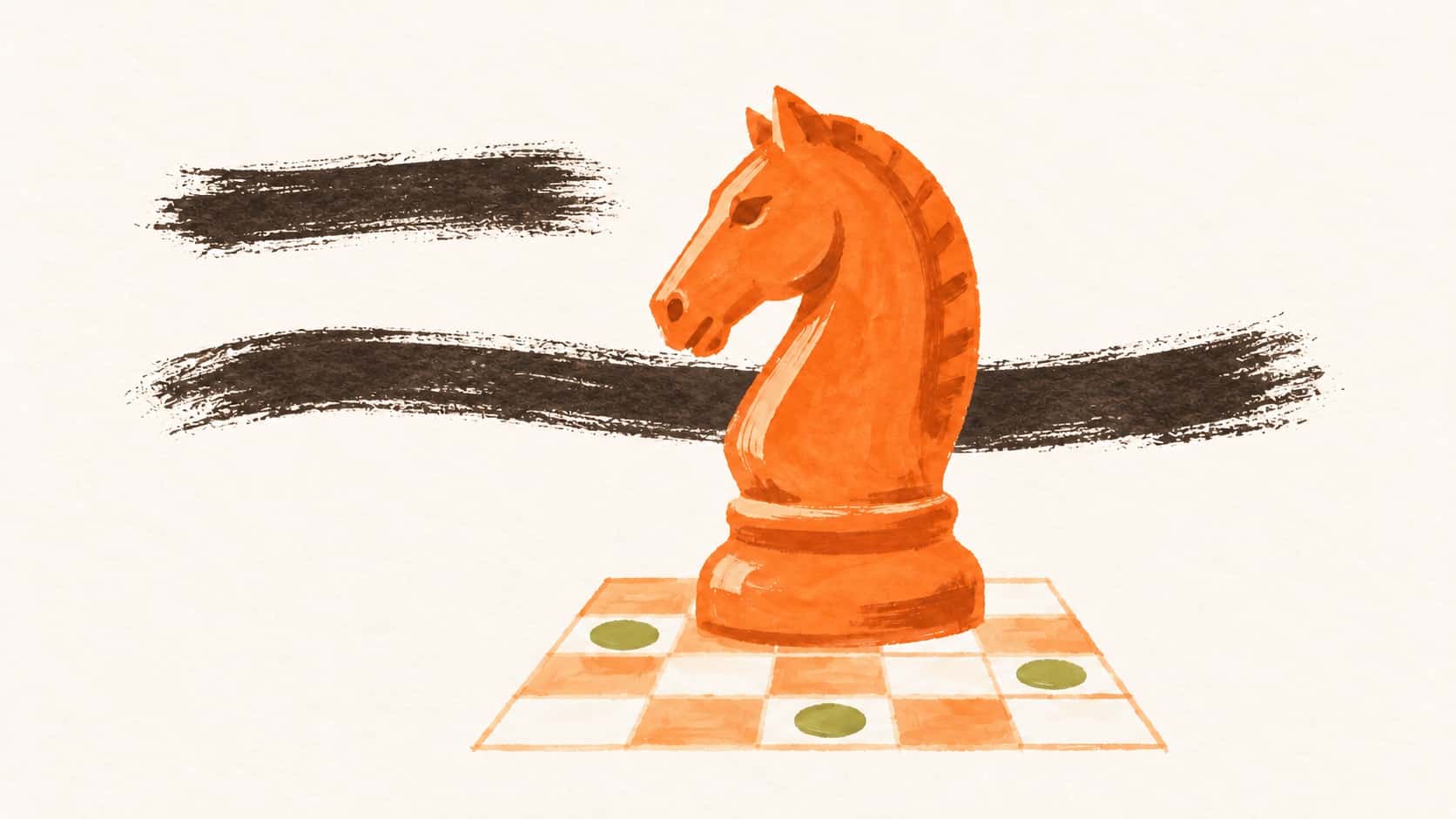 Orange chess knight on a puzzle board, framed by two staggered dark horizontal brushstrokes.